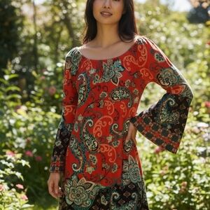 Vibrant Floral Long Sleeve Dress - Red and Green